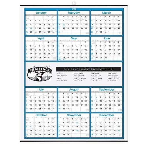 Blue Border Modern Yearly Calendar w/Center Imprint